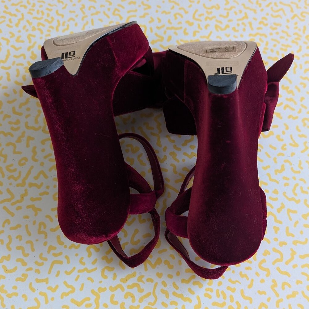 JLo Garnet Red Velvet and Taffeta Bow Platform Wedges 6 - Picture 5 of 5